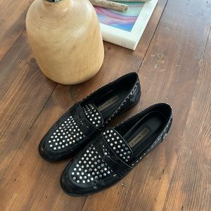 Zara Black Leather Embellished Studded Loafers